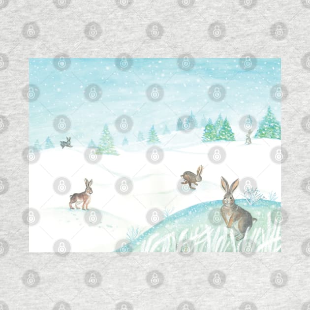 Wild rabbits in the snow in white winter by Julia Doria Illustration